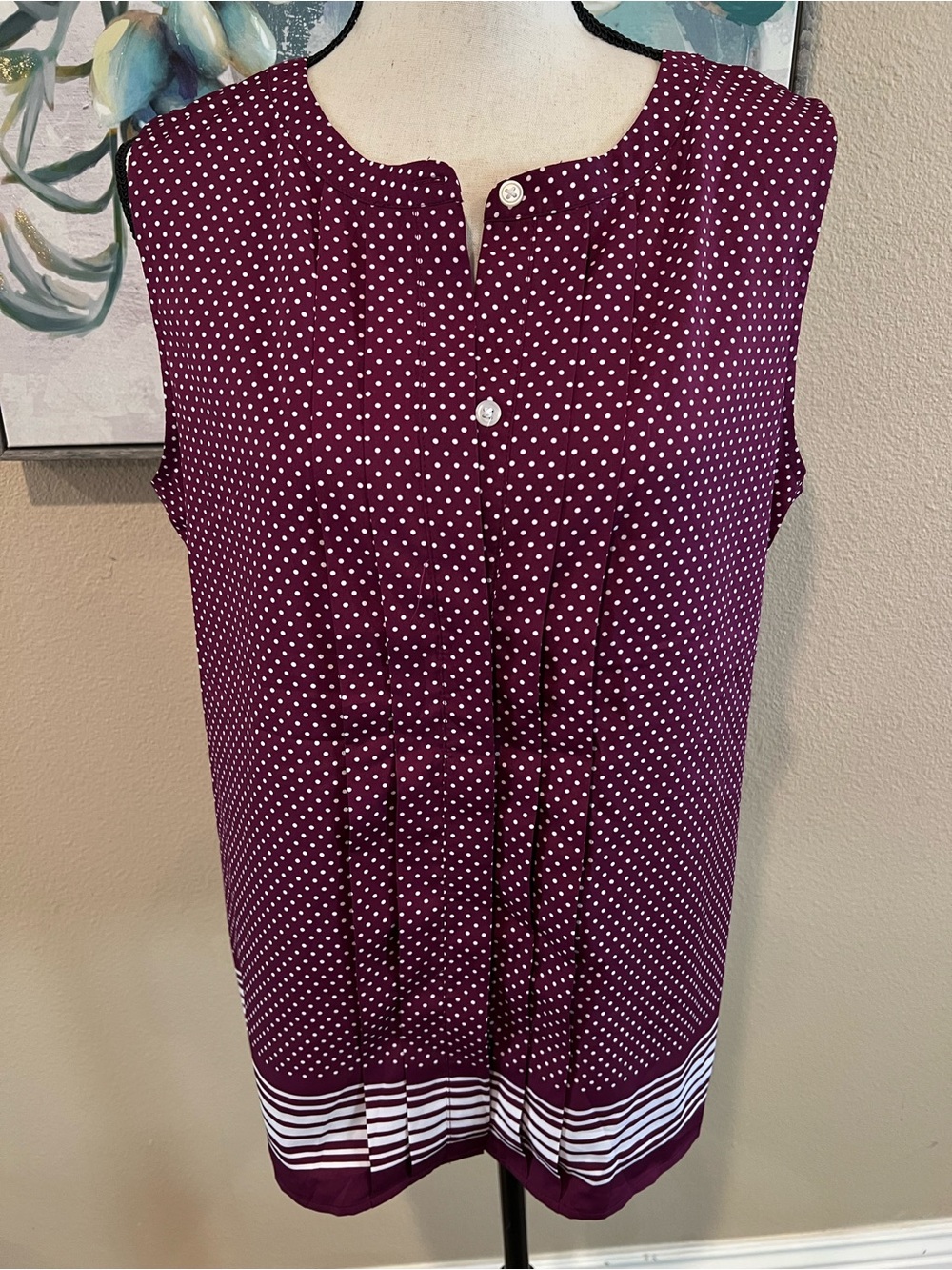 croft & barrow Burgundy Polka Dot Sleeveless Camisole with Striped Hem